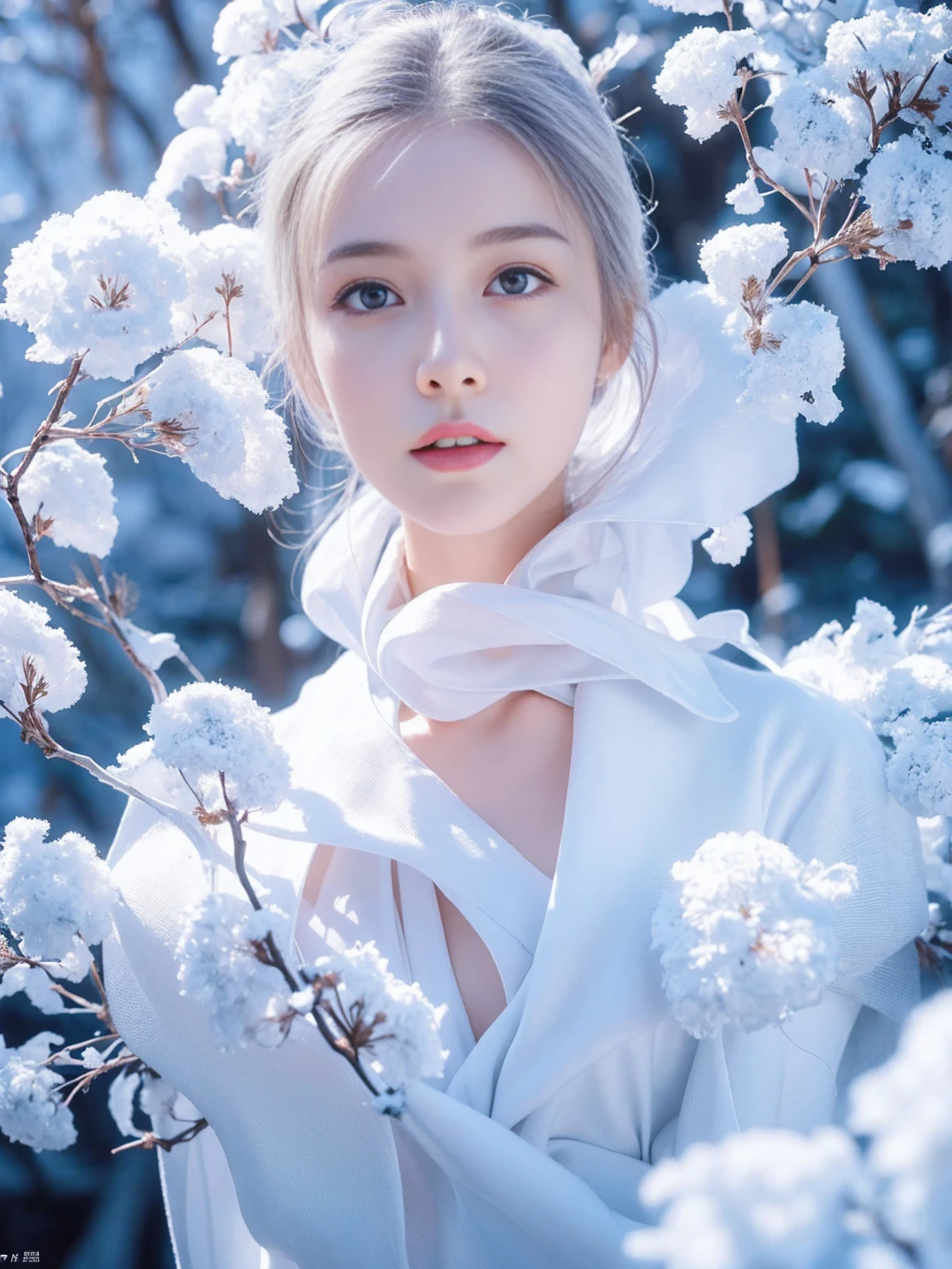 (((masterpiece))), best quality, illustration, 4k wallpaper, light, absurd, 1 girl,(snow,ice), snow花, In winter, white hair, shiny hair, curls, Transparent clothes, Ruffles, Lace, wet clothes, leave_Shoulder, Headbands,masterpiece, Telephoto lens, absurd, Exquisite facial features,Record,Poster composition,strike an elegant pose,,Natural light,Soft Light,(Seven-part combination) ,epic,Fantastic and magical,mystery