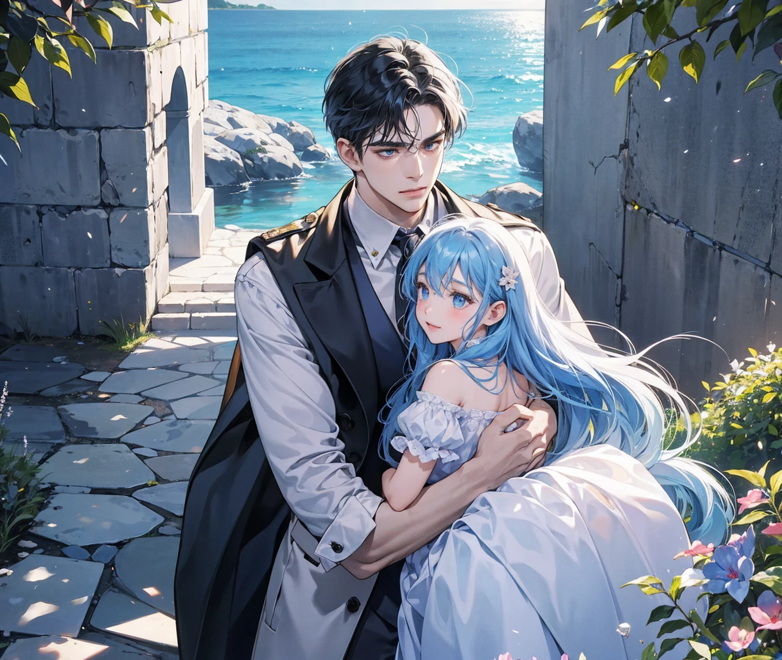 The resurrected form of Emperor Constantine and the twins Crispus and Fausta.、Father and son landscape。「Pula, Croatia、Under the clear blue sky、A summer evening where a stylish modern mansion shines。As the bright sunlight envelopes the sea and the mansion、A young father in his 30s hugs his twin sons tightly and warmly on his way home from work。The father's face was filled with deep love and forgiveness.、I can see the look of relief on his face, having overcome his past mistakes.。The children have innocent, naive smiles、He buried his face in his father's shoulder and looked relieved.。Light and shadow gently intersect、A scene that creates a warm and moving atmosphere overall.。」Love。Love, forgiveness, healing and purification。Detailed and delicate。