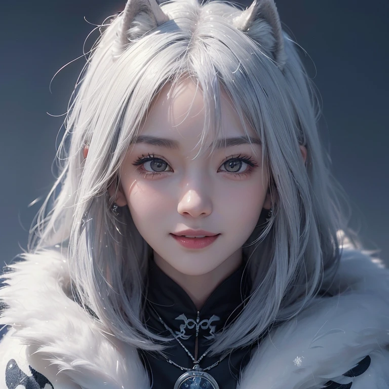 Snow Mountain、 ((highest quality、masterpiece、8k、Best image quality、Ultra-high resolution、Award-winning works)、(Accurate anatomy:1.1)、(Look at me and smile:1.1)、Shining fair skin with Ultra-high resolution、The most detailed face、Ultra-high resolution detailed face、White short hair blowing 、(Ultra-high resolutionの煌めく瞳:1.1)、Beautiful face drawn in every detail、A moonlit night with heavy snow、Warm Inuit clothing, tattoo, Next to me is a real wolf:1.5