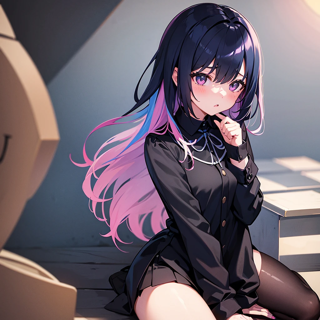 Girl with pink black and blue hair in a black school outfit