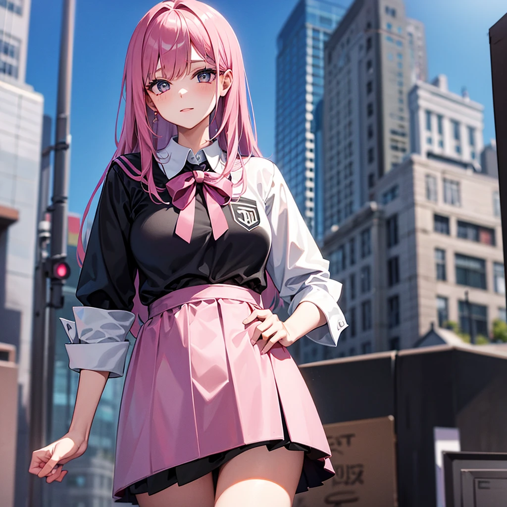 Girl with pink black and blue hair in a black school outfit