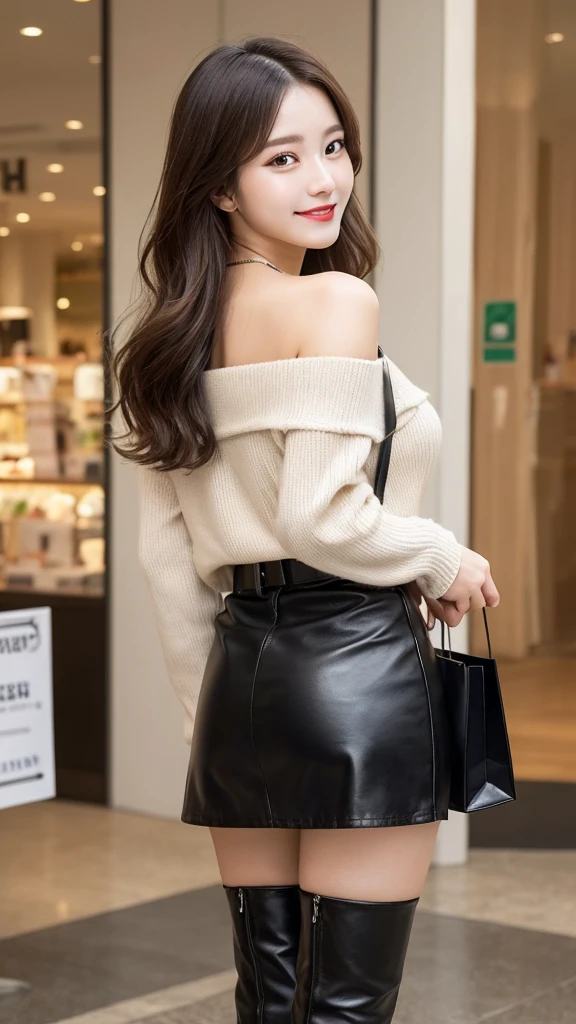 In detail, High resolution, high quality、Beautiful fine details, long hair, Natural color lip、1 person、Clear Skin、Shiny Hair、Tabletop, 最high quality,  Super detailed, In detail, High resolution, 8k、Beautiful feet,Perfect beautiful face,KPOP idol faces,Ecstatic face、Cute face,thigh boots、leather skirt、Off-the-shoulder sweater、smile、Shopping mall、Apparel Shop、Inside the store、shopping、bag、belt、mini skirt、Back view、Accentuate your butt