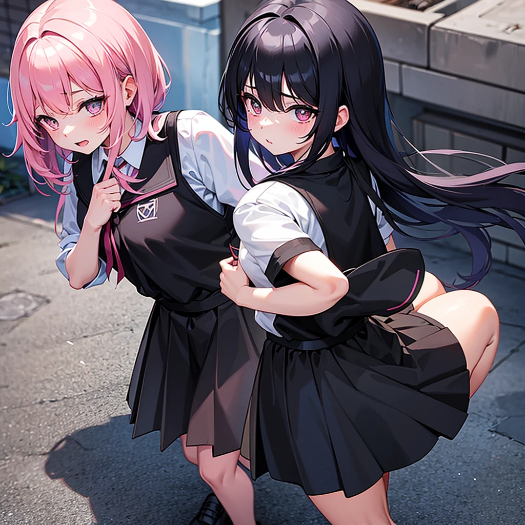 Girl with pink black and blue hair in a black school outfit
