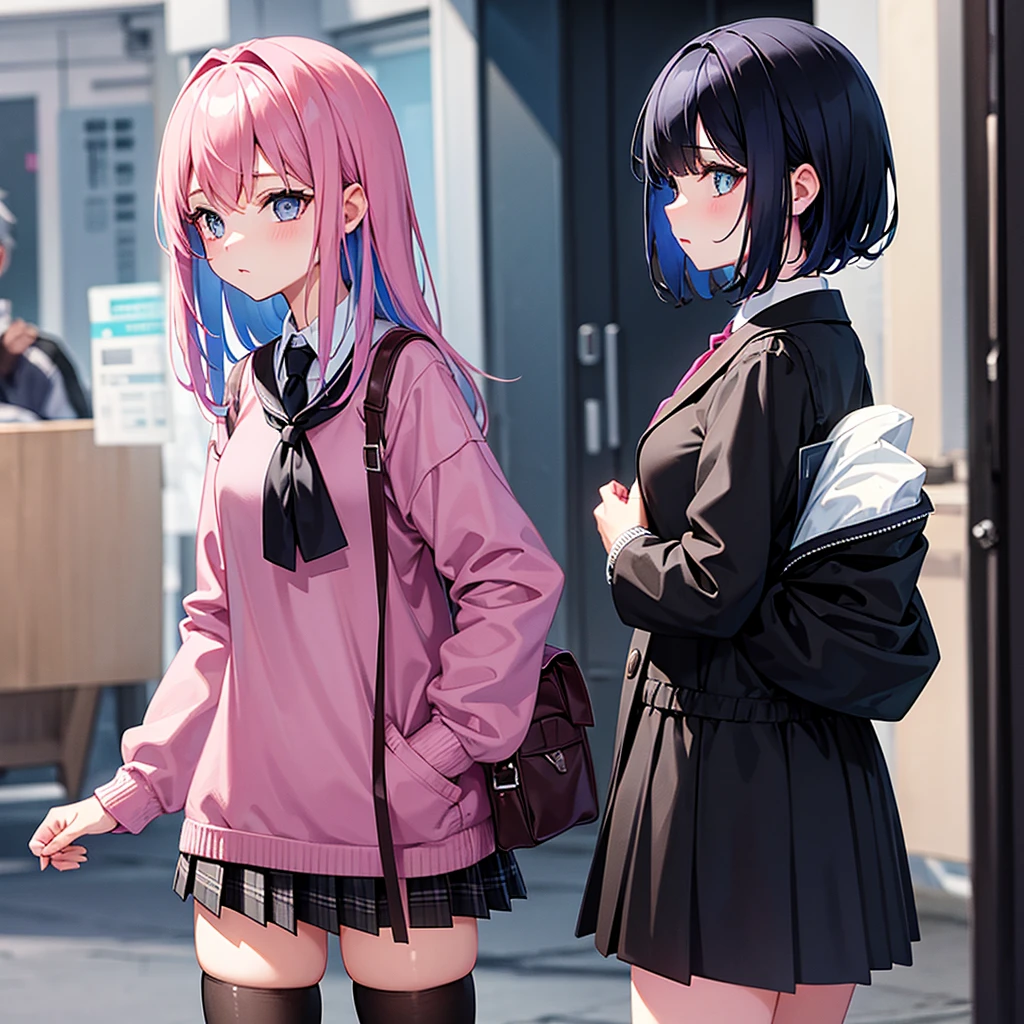 Girl with pink black and blue hair in a black school outfit