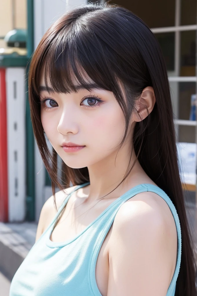 A beautiful Japanese woman, about 25 years old, with eyes similar to Kanna Hashimoto's, a nose similar to Yui Aragaki's, light pink lipstick, brown bob hair, slim waist, wearing a white T-shirt and jeans, sitting on a bench in the city, photo-like touch
