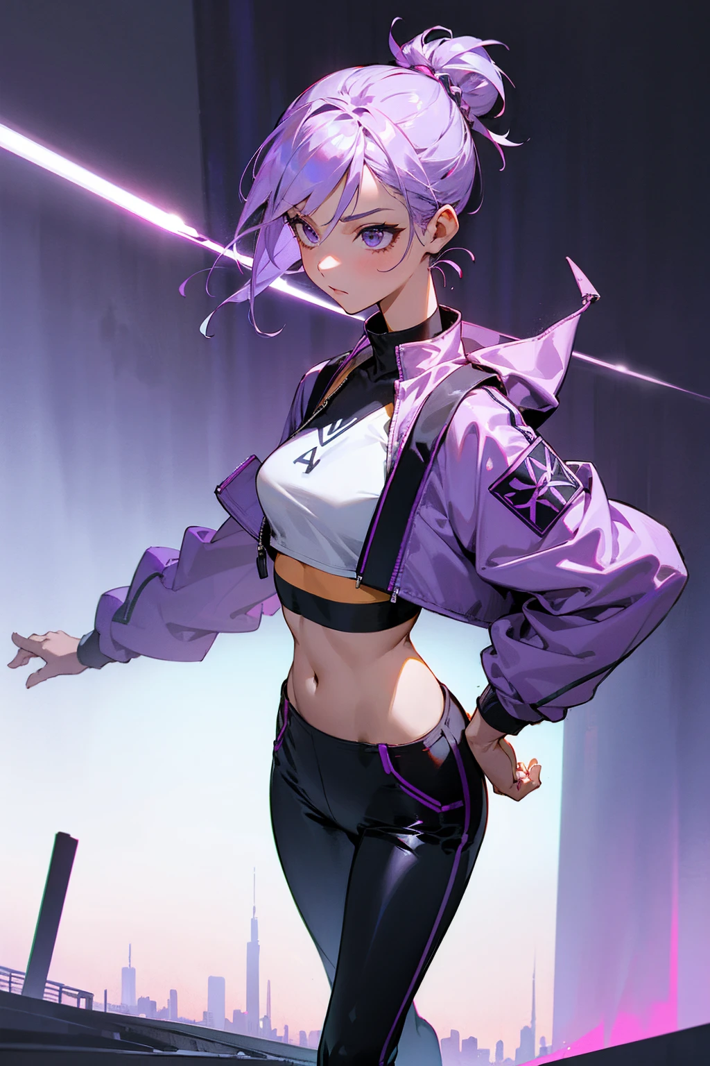 1female, restless, commanding, light purple hair, hair tied in a bun, crop top jacket, crop top undershirt, black pants, city background, detailed background, hands to side, standing on path