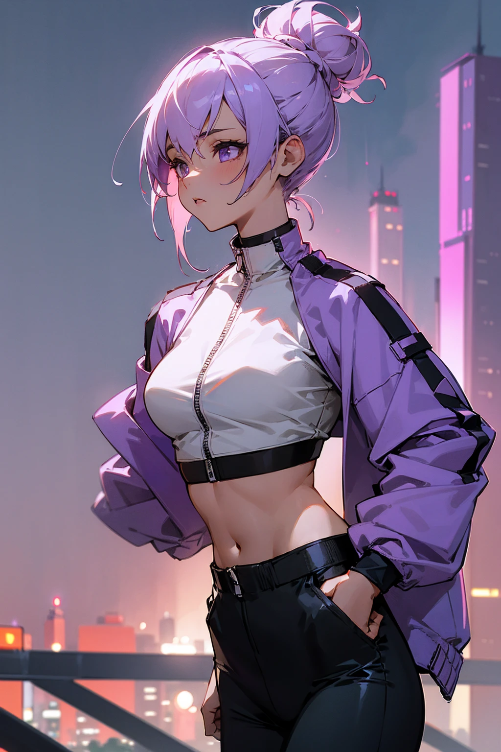 1female, restless, commanding, light purple hair, hair tied in a bun, crop top jacket, crop top undershirt, black pants, city background, detailed background, hands to side, standing on path