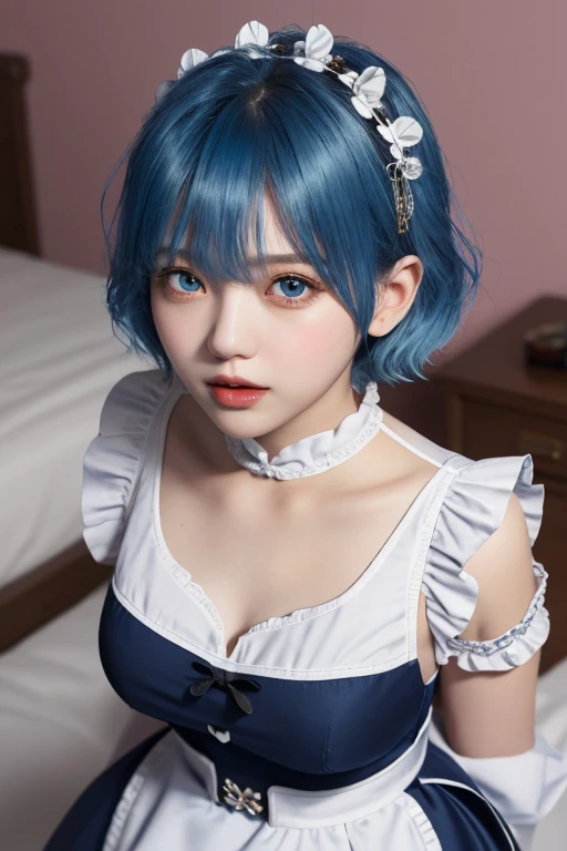 (​masterpiece, top-quality;1.3), ultra-detailliert, look at viewr, Kissed face, From above, open open mouth, full body Esbian, show me panties, Remu_Re_Staynight, blue hairs, short-haired, maid's uniform, hair adornments, low-cut, Maid headdress, Ribbon heart-shaped pupil, pink back ground,