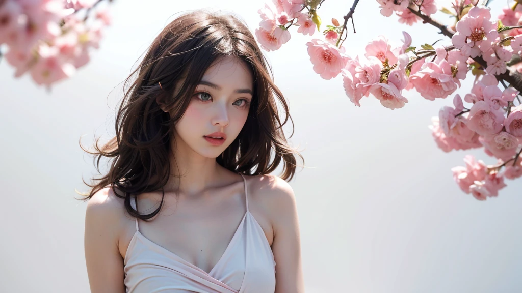 Brown Hair, Pink Eyes, Pink and white, Cherry leaves, Vibrant colors, open-chested white dress, Paint Splash, Simple Background, Ray Tracing, Wavy Hair、Shoot in first person、alone