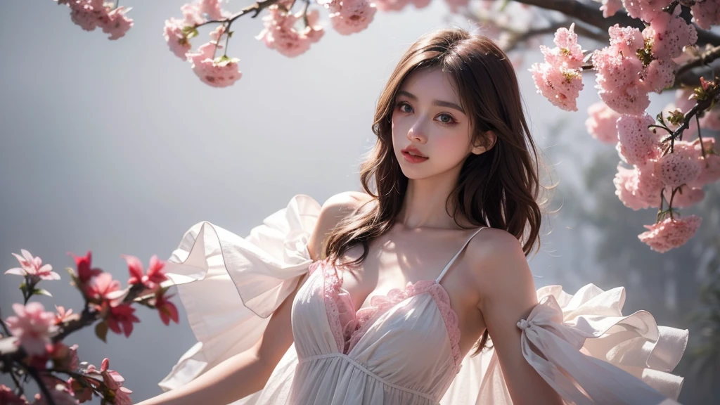 Brown Hair, Pink Eyes, Pink and white, Cherry leaves, Vibrant colors, open-chested white dress, Paint Splash, Simple Background, Ray Tracing, Wavy Hair、Shoot in first person、alone