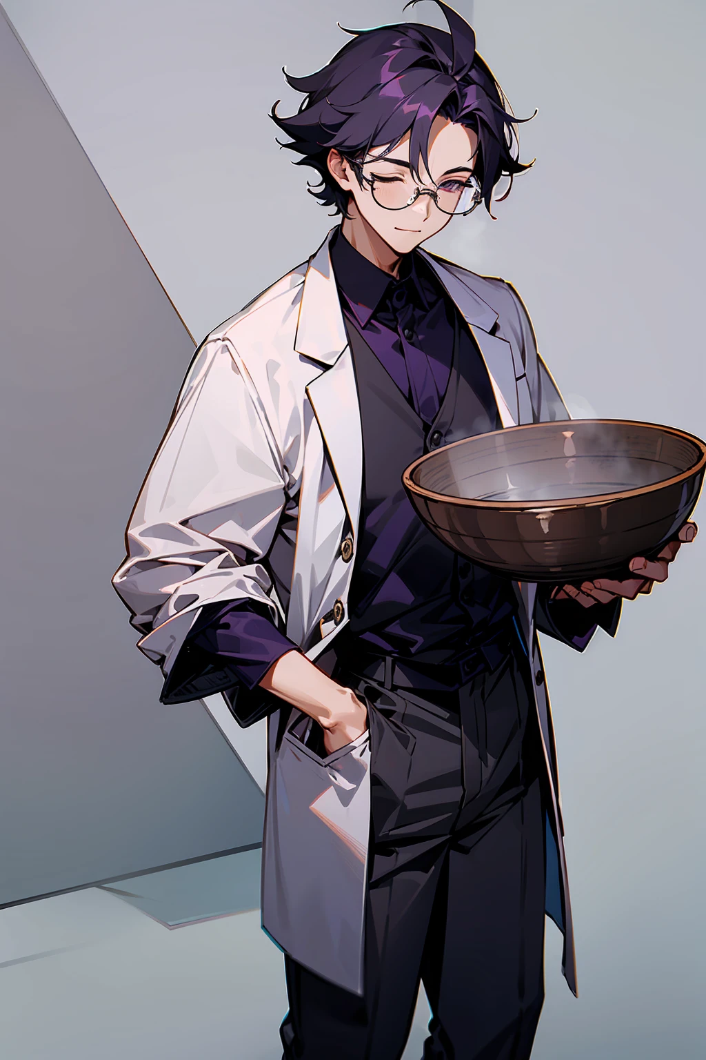 1male, Young Adult, Dark Purple, Eyes Closed, Bowl Hair, Grey Pants, Grey Lab Coat, Dojo Background, Standing in Dojo, Slight Smile, Glasses