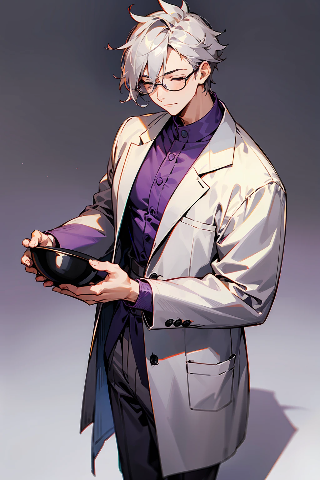 1male, Young Adult, Dark Purple, Eyes Closed, Bowl Hair, Grey Pants, Grey Lab Coat, Dojo Background, Standing in Dojo, Slight Smile, Glasses
