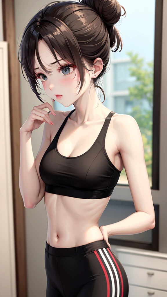 8k,wearing sports clothes, currently exercising, Korean descent, slim and thin body, hair style messy bun, in the exercise room