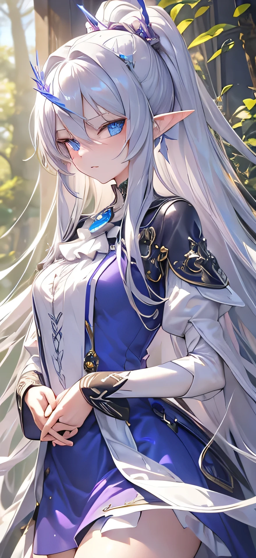 ((Silver Hair)), The face and eyes are rich in detail, (Very long hair, Straight Hair), Jewelry, Purple hair band, long pointed ears, Japanese cartoons, masterpiece, Textured Skin, (Super Detail), The award-winning, (best quality), Elf, in the forest, Sunlight through the trees, (Blue Dress), whole body, Beautiful legs, hunt, Bow and Arrow, eyeball, Crane plum, blue eyes