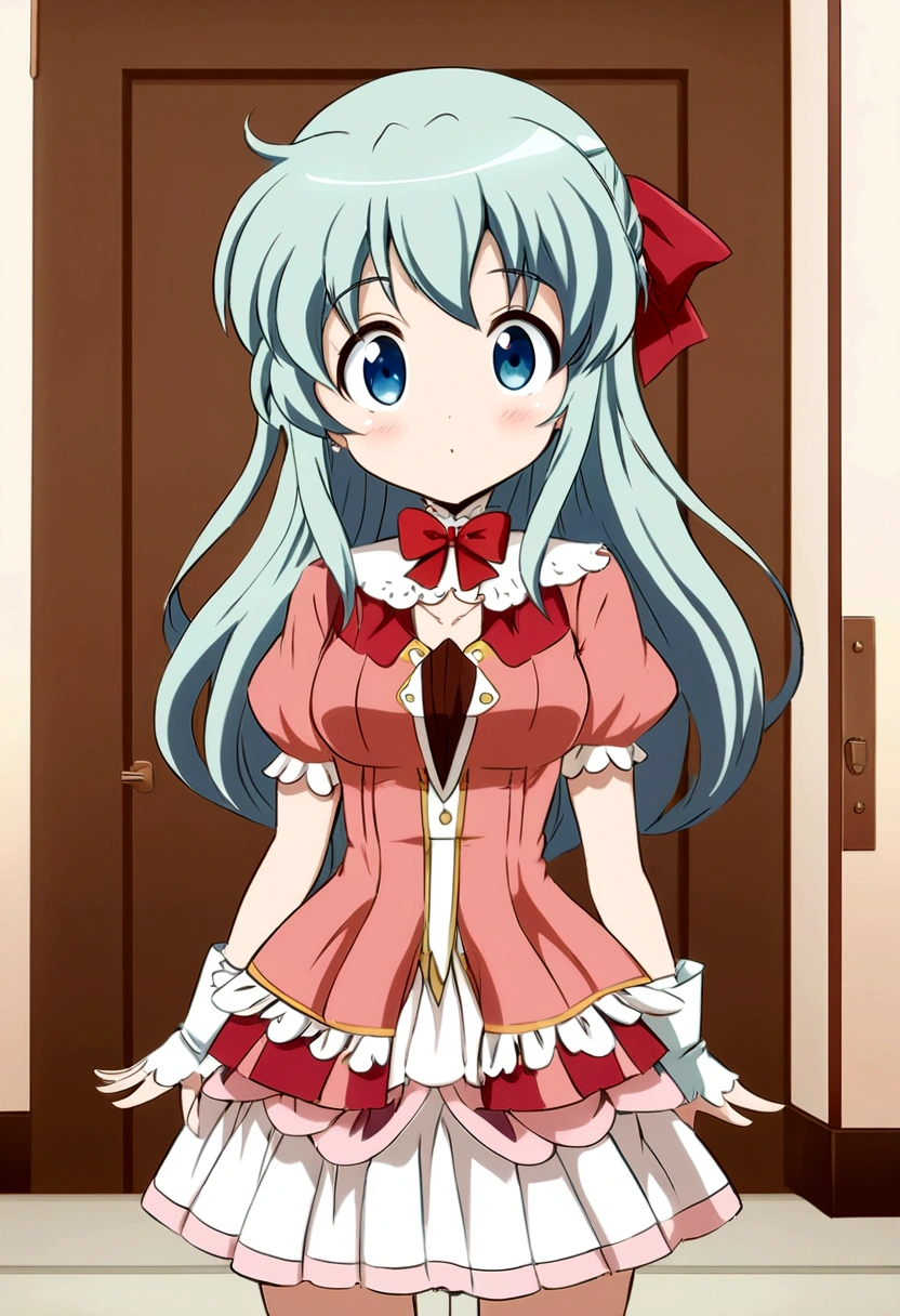 Standing in front of the door,Anime girl wearing a red bow tie, Change no vestido, splash arte anime Change, , pequena Change, Cute anime, Anime cute art style, Cute look in anime, Cute anime girl in a beautiful skirt, fleet collection style, Cute anime, estilo Cute anime, Change