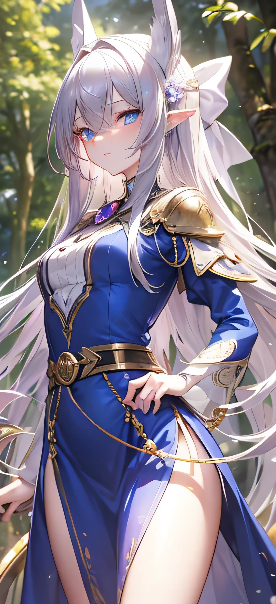 ((Silver Hair)), The face and eyes are rich in detail, (Very long hair, Straight Hair), Jewelry, Purple hair band, long pointed ears, Japanese cartoons, masterpiece, Textured Skin, (Super Detail), The award-winning, (best quality), Elf, in the forest, Sunlight through the trees, (Blue Dress), whole body, Beautiful legs, hunt, Bow and Arrow, eyeball, Crane plum, blue eyes