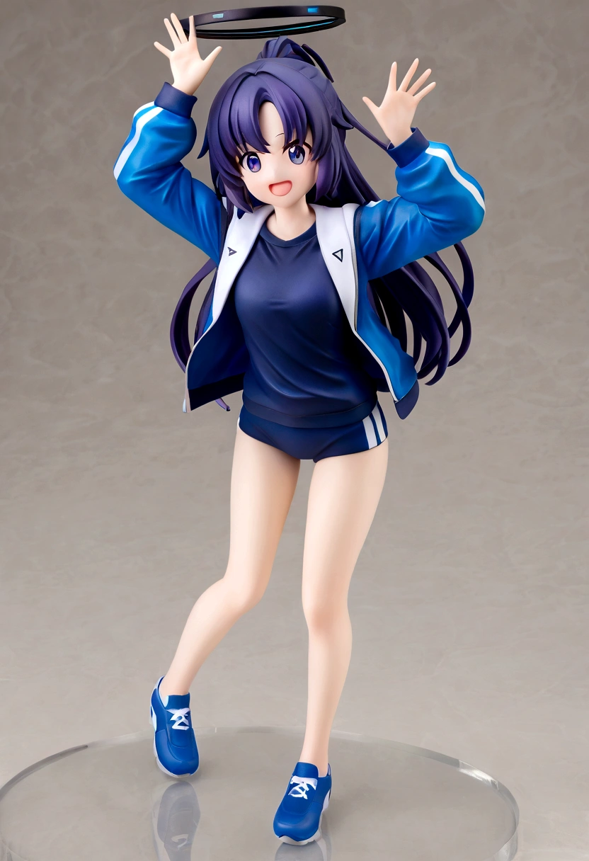front view, hayase yuuka, open mouth, smile, Sharp eyes, ponytail, halo, gym uniform, open jacket, Volumetric light, Volumetric particles, Elegant standing pose.