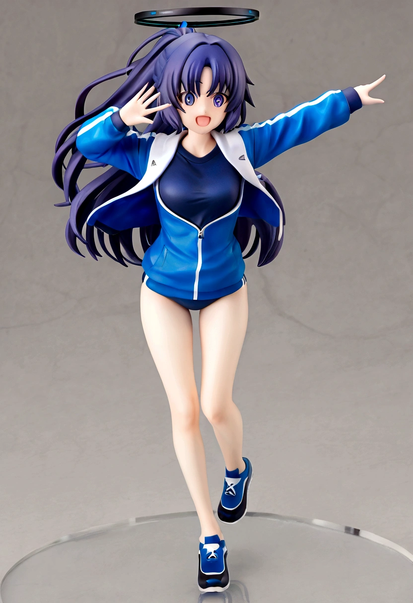 front view, hayase yuuka, open mouth, smile, Sharp eyes, ponytail, halo, gym uniform, open jacket, Volumetric light, Volumetric particles, Elegant standing pose.