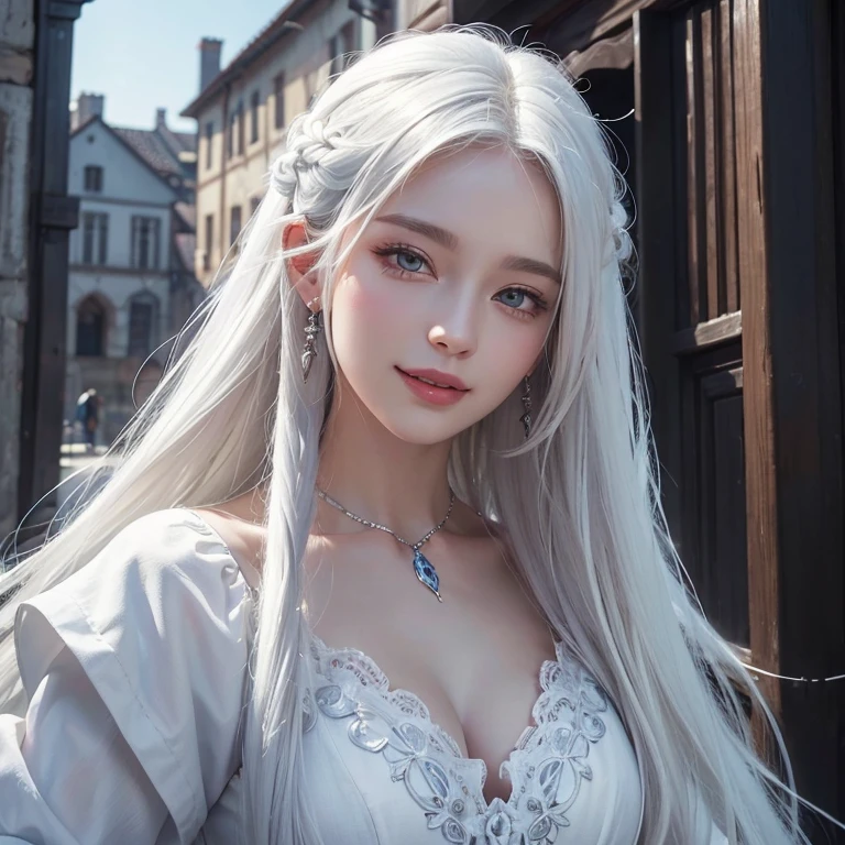 Dark atmosphere,Old European town in the background、White Wolf、 ((highest quality、masterpiece、8k、Best image quality、Ultra-high resolution、Award-winning works)、(Accurate anatomy:1.1)、(Look at me and smile:1.1)、Shining fair skin with Ultra-high resolution、The most detailed face、Ultra-high resolution detailed face、Short, flowing white hair 、Beautiful face drawn in every detail、Georgian traditional men's costume, Small breasts, A real wolf next to a girl、One Woman