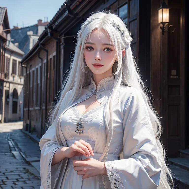 Dark atmosphere,Old European town in the background、White Wolf、 ((highest quality、masterpiece、8k、Best image quality、Ultra-high resolution、Award-winning works)、(Accurate anatomy:1.1)、(Look at me and smile:1.1)、Shining fair skin with Ultra-high resolution、The most detailed face、Ultra-high resolution detailed face、Short, flowing white hair 、Beautiful face drawn in every detail、Georgian traditional men's costume, Small breasts, A real wolf next to a girl、One Woman