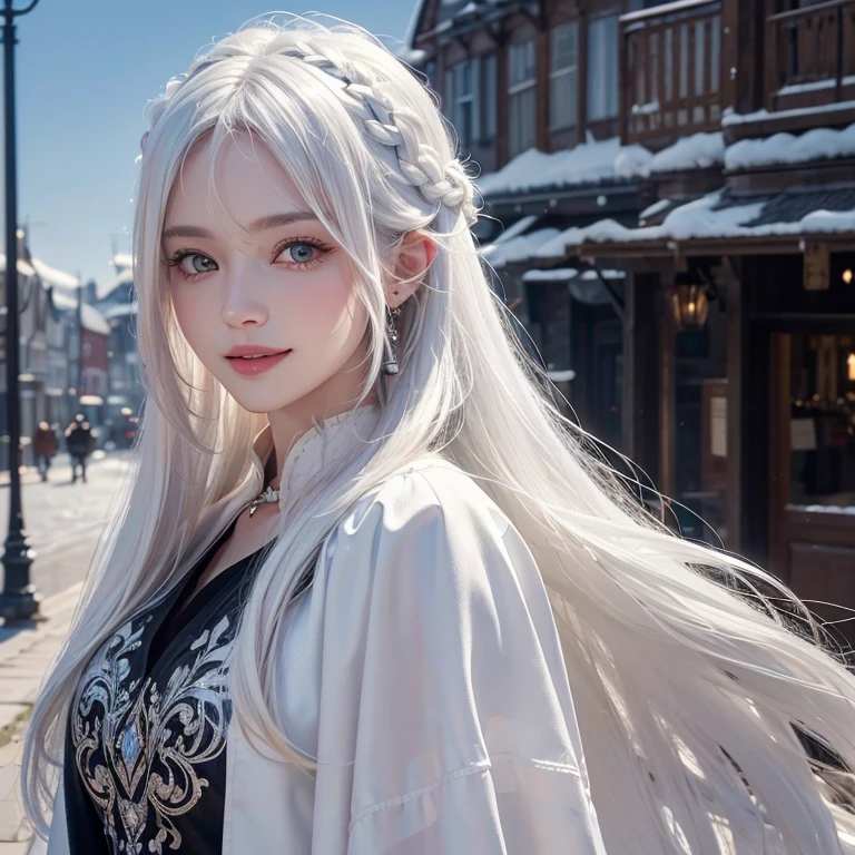 Dark atmosphere,Old European town in the background、White Wolf、 ((highest quality、masterpiece、8k、Best image quality、Ultra-high resolution、Award-winning works)、(Accurate ???????:1.1)、(Look at me and smile:1.1)、Shining fair skin with Ultra-high resolution、The most detailed face、Ultra-high resolution detailed face、Short, flowing white hair 、Beautiful face drawn in every detail、Georgian traditional men&#39;s costume, Small breasts, A real wolf next to a girl、One Woman 