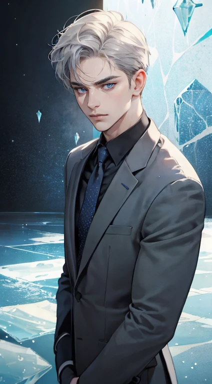 masterpiece, best quality, realistic, 1man, mature male, quiet and charming young man, 35 years old, close his eyes, serious look, extremely detailed face, ((dark grey blue eyes)), ((short-right-swept dark white ice hair)), [thick eyebrows], detective, plain background, ((suit)), cinematic lighting, looking at the audience, posture dynamics