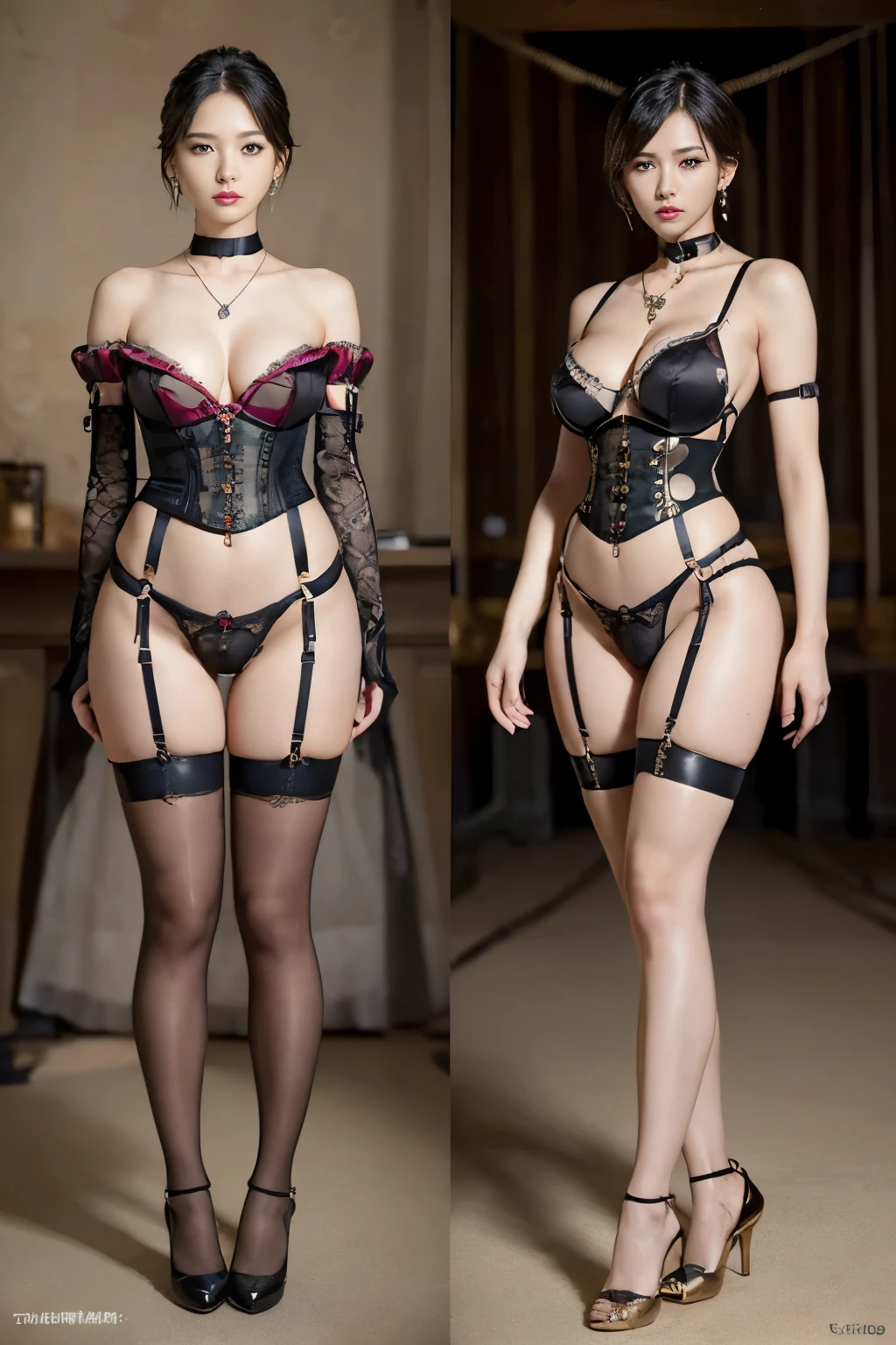 ((masterpiece:1.4)、(highest quality:1.4)、(Realistic:1.7))、Masseter muscle area:1.4、(Top-notch rendering:1.4)、(steampunk:1.4)、超beautiful girl女王、((One Girl:1.4))、Glowing, natural skin texture、Pin-up Girl:1.4、beautiful girl、garter belt、(Wear a harness that fits your body:1.4)、Detailed red bikini:1.4、(Costumes that accentuate beautiful breasts:1.4)、19 years old、((7 lifespan))、(Perfect female body:1.4)、Perfect Proportions:1.4、Portrait of a girl、(Are standing:1.4)、(Full body photo:1.4)、Fantasy art、Soft Front Light、Beautiful Face、slender little buttocks, Beautiful feet, Thin legs, (((Bondage-style lingerie))), (コルセットとgarter belt)、Transparent Panty House, ((Elbow Handbags))、The beauty of the leg lines, Small breasts、(繊細でBeautiful Face),、Detailed eyes、Beautiful and attractive eyes、Beautiful Eyes、Tight waist、Beautiful feet、RAW Photos、Red lips、Red High Heels、(Tierra:1.4、choker:1.4、necklace:1.4、Earrings:1.4)、1 Screen Display、