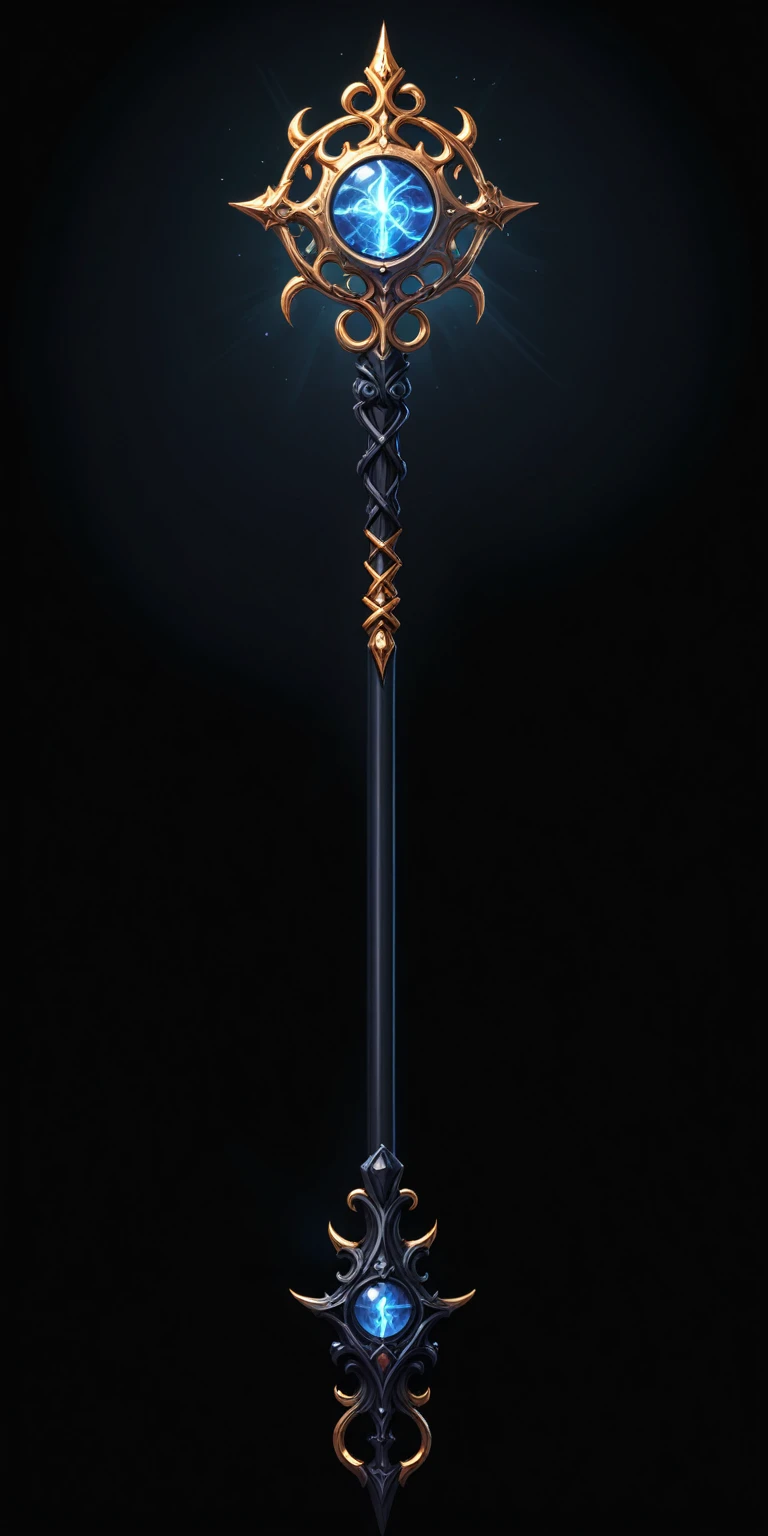 pixel art, cartoon illustration, Divine glavie greatstaff, Powerfull Magical theme, simple black background, RPG game icon