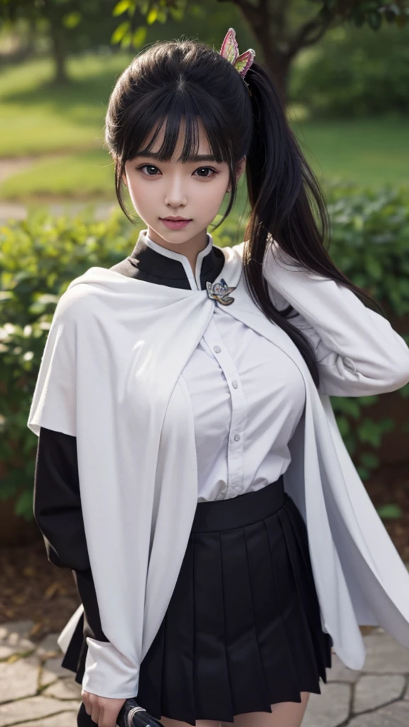 Top quality, 8k, 32k, Masterpiece, photorealistic, realistic, (photorealistic:1,4), solo, slight smile, dramatic lighting, professional makeup, breasts, (natural big breasts: 1.3), (seductive), beautiful white face shining, beautiful face, pink cheeks, beautiful lips, porcelain skin, detail intricate, super detailed, super high, highest detailed, high detailed, delicate, incredible detailed, fine detailed, cinematic lighting, top quality, smooth and beautiful, CG, unity, 8k wallpaper, Stunning, fine detail, unity CG wallpaper 8k ultra-detailed, large file size, ultra-detailed, high resolution, incredible detail, stunning detail, depth of field, kanaotsuyuri, kanao tsuyuri, black hair, butterfly, butterfly hair ornament, (purple eyes:1.1), side ponytail, ponytail, 
BREAK black skirt, cape, demon slayer uniform, long sleeves, pleated skirt, skirt, white cape,
BREAK looking at viewer, directly