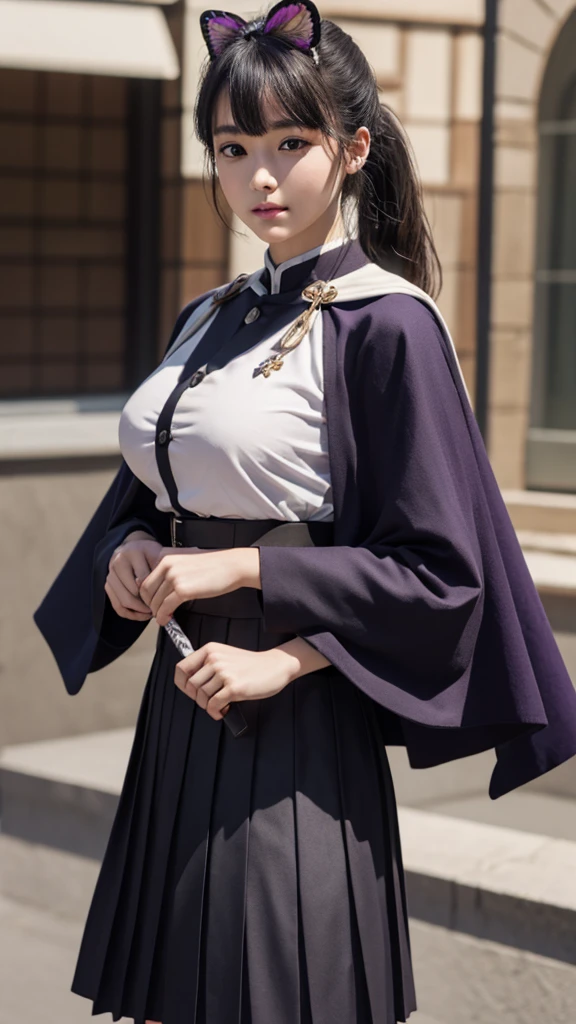 Top quality, 8k, 32k, Masterpiece, photorealistic, realistic, (photorealistic:1,4), solo, slight smile, dramatic lighting, professional makeup, breasts, (natural big breasts: 1.3), (seductive), beautiful white face shining, beautiful face, pink cheeks, beautiful lips, porcelain skin, detail intricate, super detailed, super high, highest detailed, high detailed, delicate, incredible detailed, fine detailed, cinematic lighting, top quality, smooth and beautiful, CG, unity, 8k wallpaper, Stunning, fine detail, unity CG wallpaper 8k ultra-detailed, large file size, ultra-detailed, high resolution, incredible detail, stunning detail, depth of field, kanaotsuyuri, kanao tsuyuri, black hair, butterfly, butterfly hair ornament, (purple eyes:1.1), side ponytail, ponytail,
BREAK black skirt, cape, demon slayer uniform, long sleeves, pleated skirt, skirt, white cape,
BREAK looking at viewer, directly