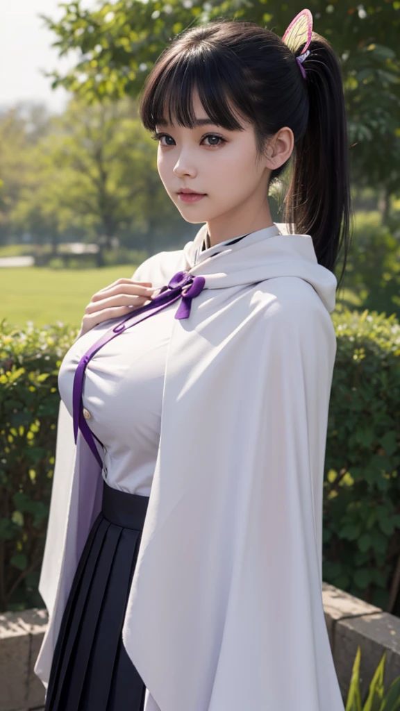 Top quality, 8k, 32k, Masterpiece, photorealistic, realistic, (photorealistic:1,4), solo, slight smile, dramatic lighting, professional makeup, breasts, (natural big breasts: 1.3), (seductive), beautiful white face shining, beautiful face, pink cheeks, beautiful lips, porcelain skin, detail intricate, super detailed, super high, highest detailed, high detailed, delicate, incredible detailed, fine detailed, cinematic lighting, top quality, smooth and beautiful, CG, unity, 8k wallpaper, Stunning, fine detail, unity CG wallpaper 8k ultra-detailed, large file size, ultra-detailed, high resolution, incredible detail, stunning detail, depth of field, kanaotsuyuri, kanao tsuyuri, black hair, butterfly, butterfly hair ornament, (purple eyes:1.1), side ponytail, ponytail,
BREAK black skirt, cape, demon slayer uniform, long sleeves, pleated skirt, skirt, white cape,
BREAK looking at viewer, directly