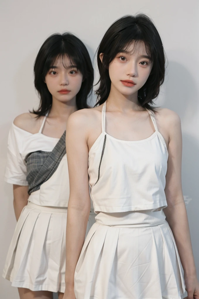 Beautiful woman with perfect figure:1.4,Ultra-high resolution,White background,(lifelike:1.4),Layered Hairstyle,White skin,Bikini:1.5,Super short pleated skirt,whole body,Very delicate face and skin texture,Double eyelids,Skin Whitening,short hair,White hair