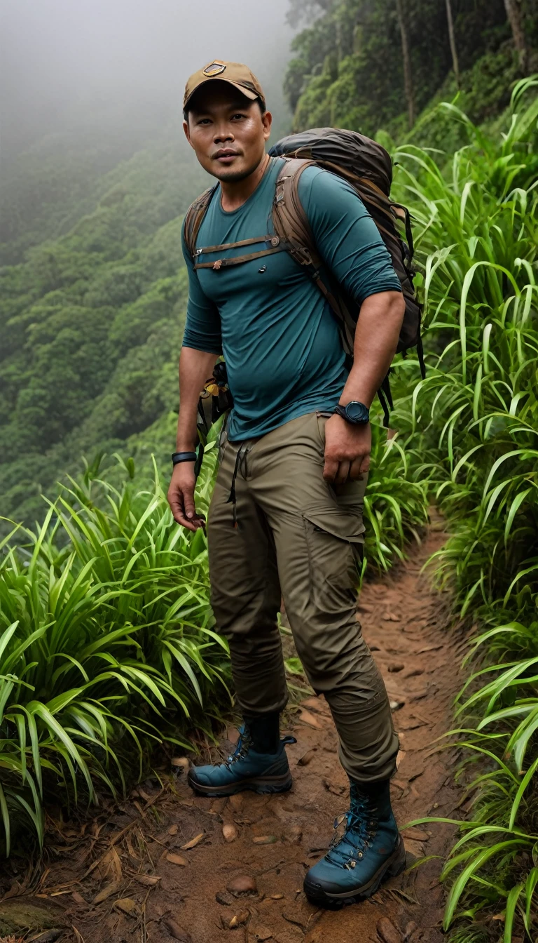 full body shot of (abbie_cornish:0.6) indonesian man 40 yo, 170 cm high, 67 kg weight, flat abs,wearing trekking outfit, trekking at foggy mountain jungle trails, incredibly detailed, lips, realistic, solo, brown skin tone, ,best quality, Intricate, High Detail, dramatic, front view