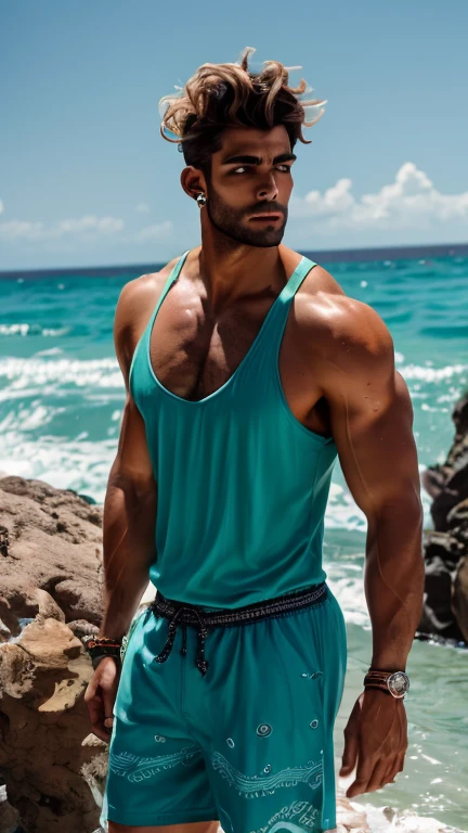 Handsome strong muscular tall man wearing a water-colored tank top with wave decorations, black huaraches, sea-colored bermuda shorts decorated with sea shells, litmus lenses on his head, obsidian earrings and ruffled hair