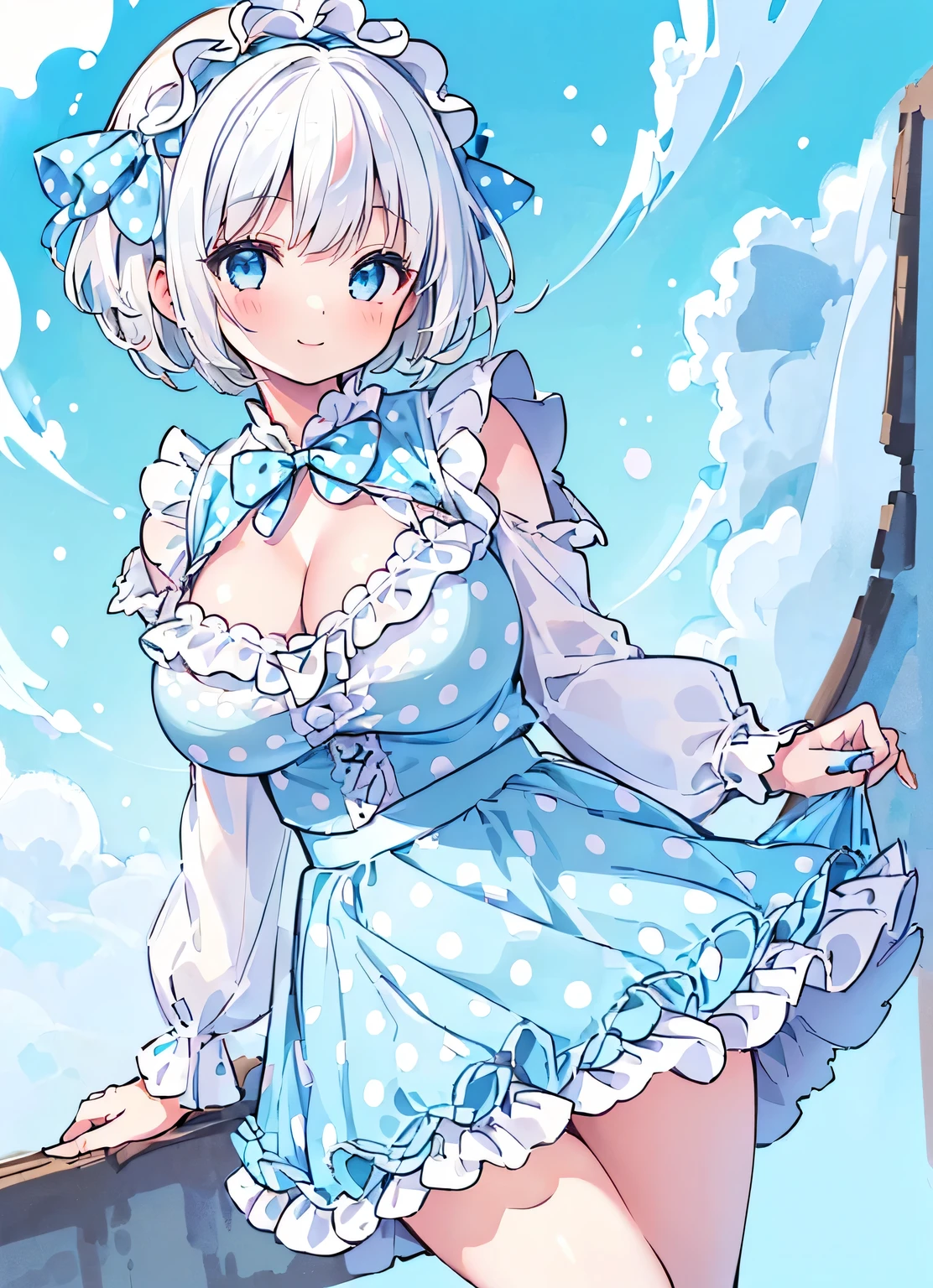 highest quality,Highest quality,masterpiece,Detailed Art,8k,break,(1girl,white hair, short hair, big breasts, cleavage, :1.5),(hair band:1.3), (White and light blue polka dot outfit,break,White ruffle skirt:1.5),(smile:1.5)