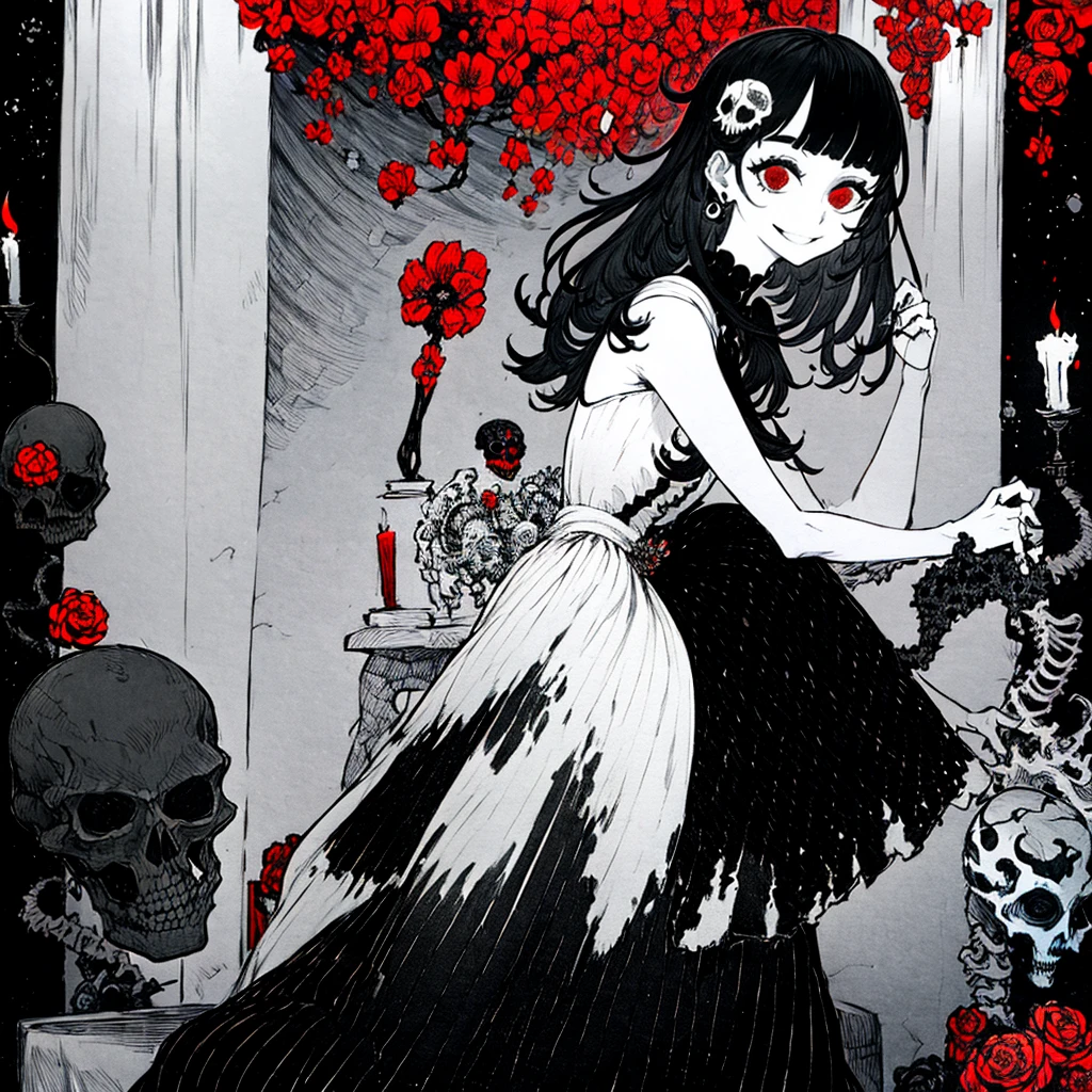 masterpiece, best quality, intricately detailed, a woman, beautiful, elegant, smile, iridescent long hair, bangs, skirt, shirt, long sleeves, frills, shoes, (red and black:1.4), flower, creepy, horror, skulls, long hair, black hair, candle, hair flower, solo, hair ornament, bone, sitting, doll, skull, skeleton,  horror (theme)