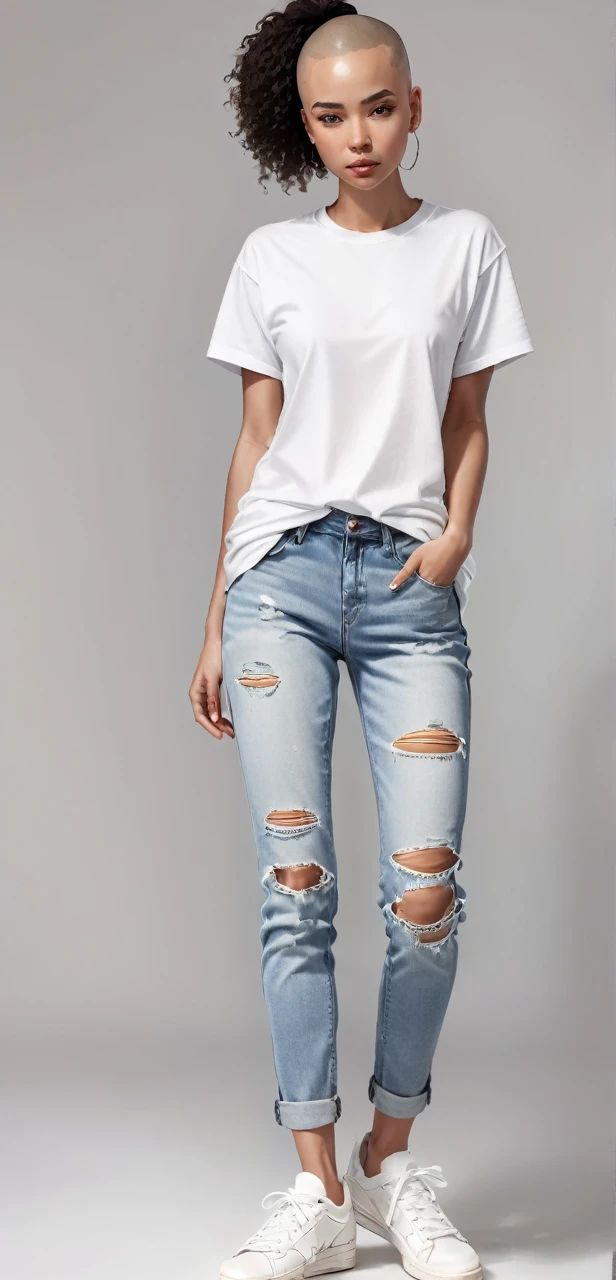 female body, bald with no eyes, no mouth, no nose, wearing white t-shirt and ripped jeans and detailed white tennis shoes, full frontal full body image, best quality