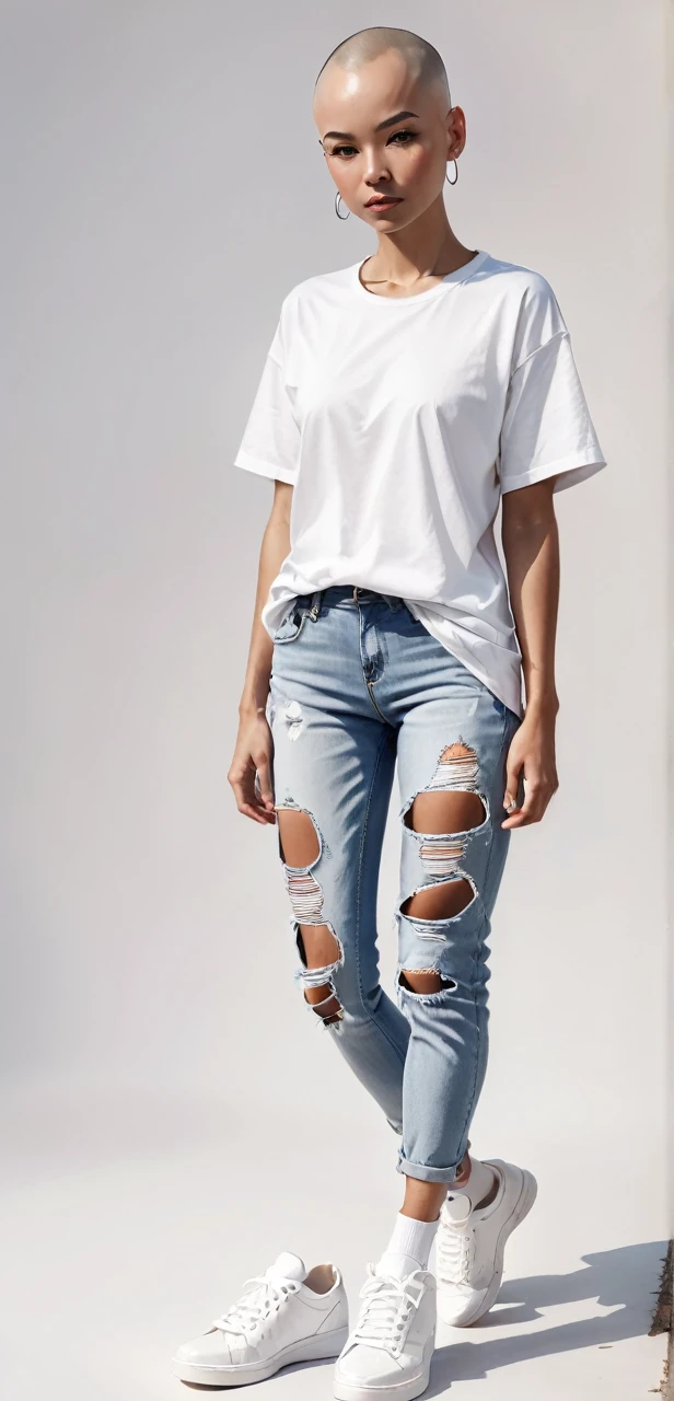 female body, bald with no eyes, no mouth, no nose, wearing white t-shirt and ripped jeans and detailed white tennis shoes, full frontal full body image, best quality