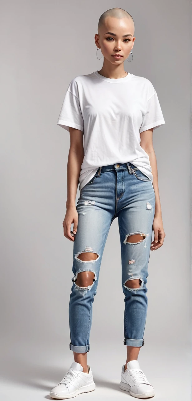 female body, bald with no eyes, no mouth, no nose, wearing white t-shirt and ripped jeans and detailed white tennis shoes, full frontal full body image, best quality