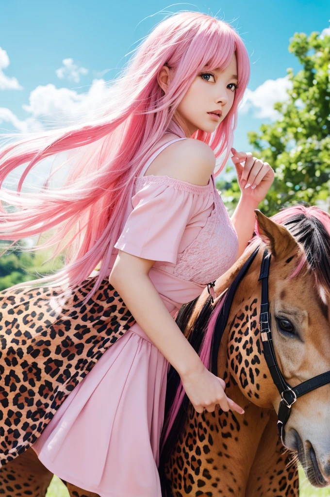 An illustration Girl summer pink hair Senkiri Leopard Horse