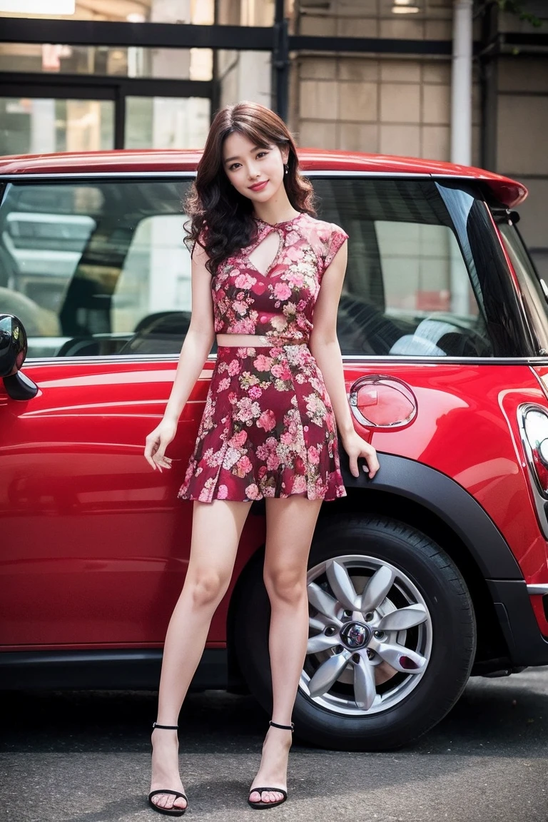 Familiar,Sharp lines,highest quality, masterpiece、Night Parking、Dark Light、Canon Photo Crystal Clear ,（Realistically:1.2）, (Casual mini skirt dress in raspberry floral print)、Action pose、Take a full body photo、Lazy smile、Attractive appearance、Curly Hair
