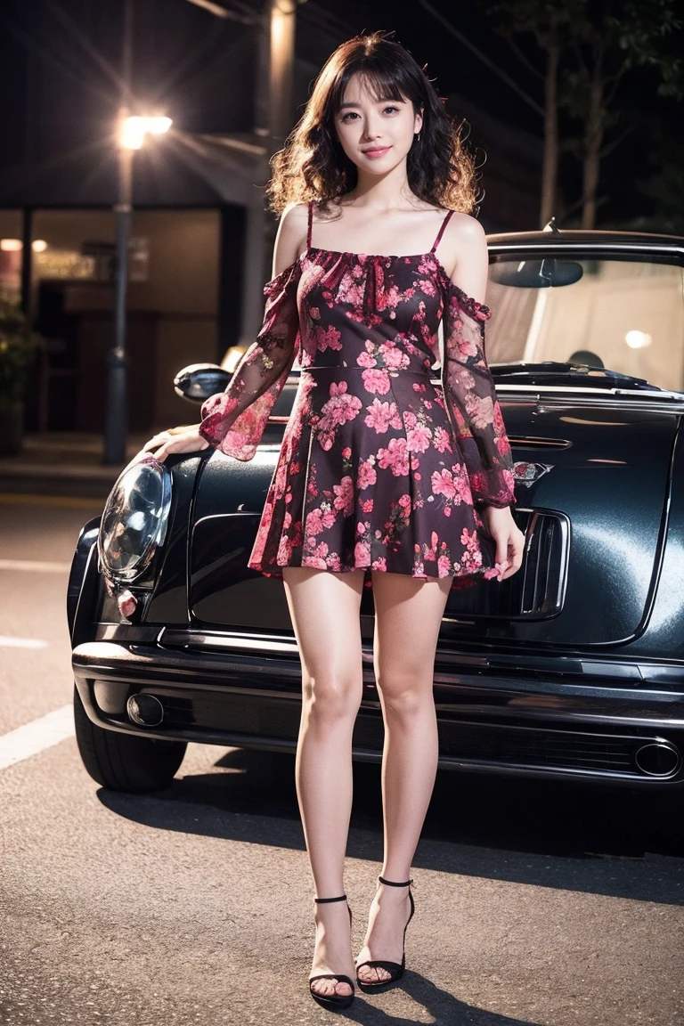 Familiar,Sharp lines,highest quality, masterpiece、Night Parking、Dark Light、Canon Photo Crystal Clear ,(Realistically:1.2), (Casual mini skirt dress in raspberry floral print)、Action pose、Take a full body photo、Lazy smile、Attractive appearance、Curly Hair