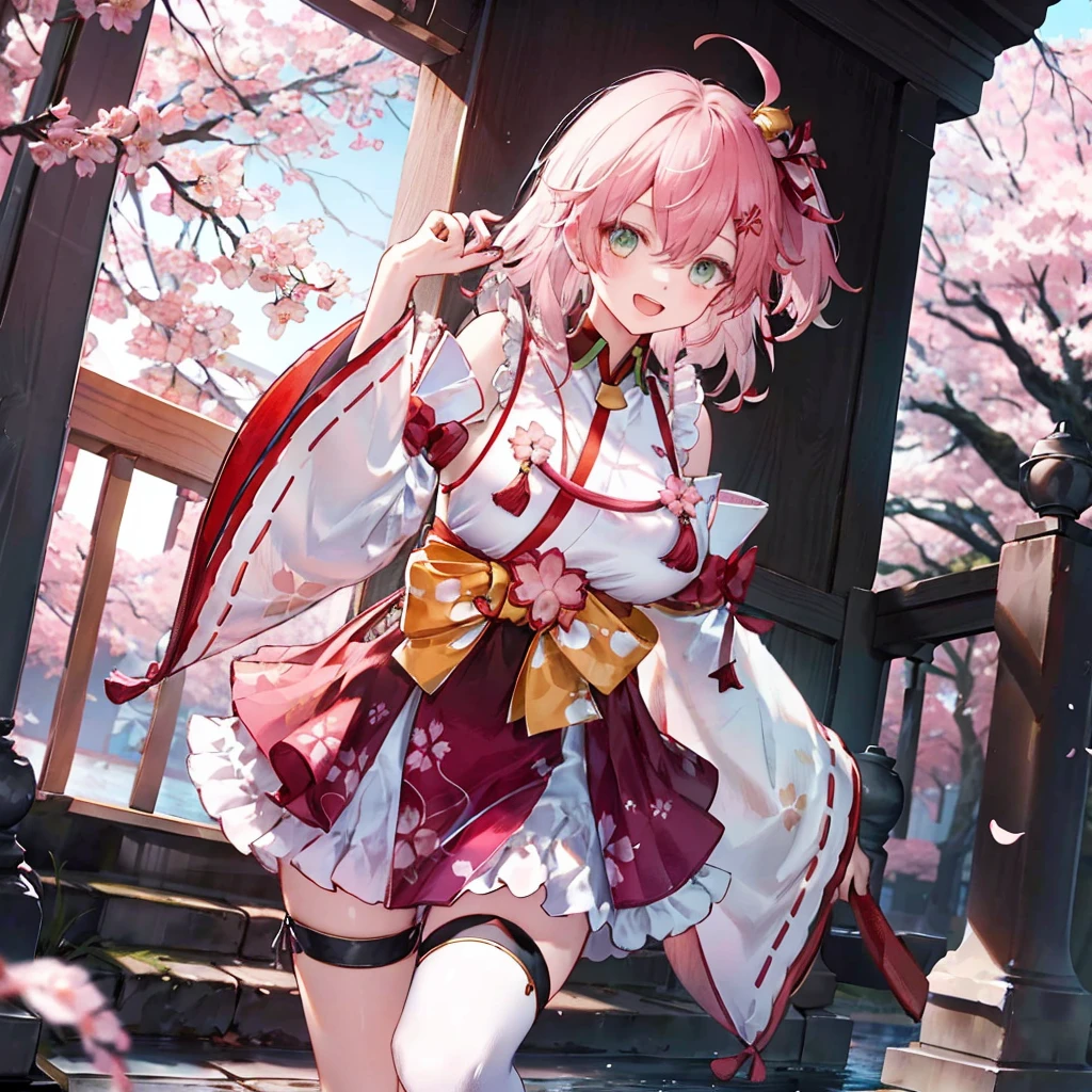 masterpiece, highest quality, High resolution, Shrine maiden1, cherry blossoms_Shrine maiden, One girl, big_tits, alone, Ahoge, Vatu_hair_ornament, pink_hair, Floral print, hairclip,(~ side_fewer_Clothes:1.5), (~ side_tits:1.5), hair_Bell, Floral print, length_hair, hair between eye, one ~ side up, White knee socks, asymmetrical footwear, wide sleeve, Open_mouth,(Happy:1.3),green_eye,big_smile,(rise_foot:1.3),plump,Away_foots,(excessively_length_sleeve:1.3),),sleeve_past_hand首,hand_hidden_sleeve,~ sidelock_Clothes,dynamic_Pause,alone,hidden_hand首,(LOL:1.4),Covered_Nipples,sunlight,Cherry Blossom_background,