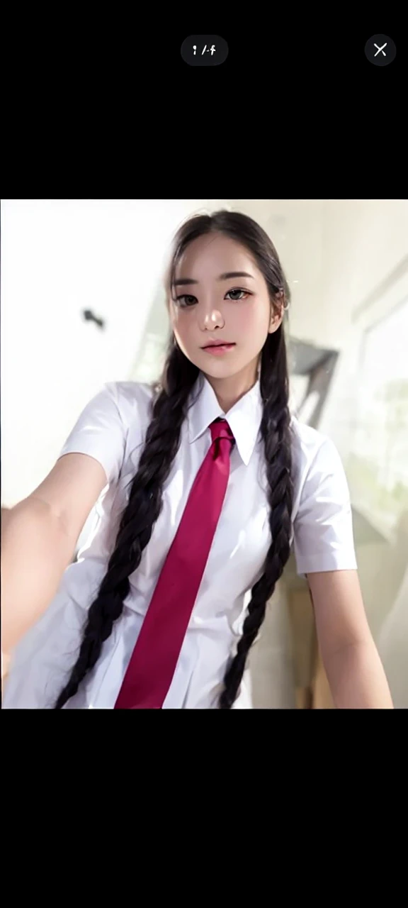(masutepiece, Best Quality:1.2), 8K, sixteen years old, 85 mm, Official art, Raw photo, absurderes, White dress shirts, Pretty Face, low angle shot、close up, Upper body, violaceaess, gardeniass, Beautiful Girl, , (Navy pleated skirt:1.1), Cinch West, thighs thighs thighs thighs, Short sleeve, Classroom, Gravure Pose, Looking at Viewer, No makeup,ssmile, Film grain, chromatic abberation, Sharp Focus, face lights, clear lighting, Teen, Detailed face, Bokeh background, (dark red necktie:1.1)、medium breasts、Skinny face