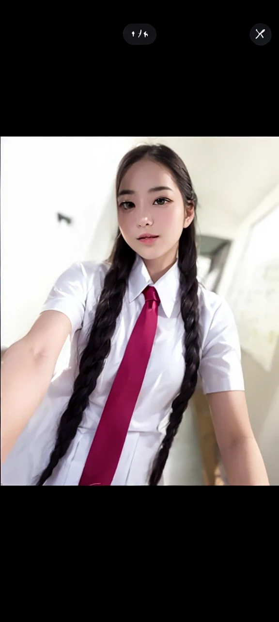 (masutepiece, Best Quality:1.2), 8K, sixteen years old, 85 mm, Official art, Raw photo, absurderes, White dress shirts, Pretty Face, low angle shot、close up, Upper body, violaceaess, gardeniass, Beautiful Girl, , (Navy pleated skirt:1.1), Cinch West, thighs thighs thighs thighs, Short sleeve, Classroom, Gravure Pose, Looking at Viewer, No makeup,ssmile, Film grain, chromatic abberation, Sharp Focus, face lights, clear lighting, Teen, Detailed face, Bokeh background, (dark red necktie:1.1)、medium breasts、Skinny face