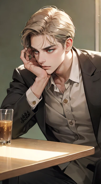 masterpiece, best quality, realistic, 1man, mature male, quiet and charming young man, 36 years old, close his eyes, serious look, extremely detailed face, ((dark grey green eyes)), ((short-right-swept dark golden hair)), [thick eyebrows], detective, plain background, ((suit)), cinematic lighting, looking at the audience, posture dynamics