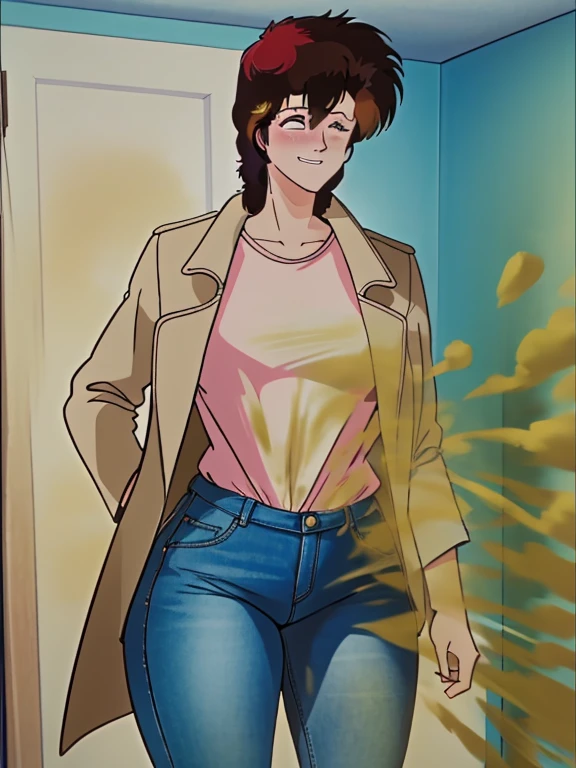 HD, high quality, high resolution, ultrahd,Kaori Makimura, 1female, wearing default outfit, light pink shirt, white coat, wearing coat over tshirt, jeans, default hair, brown hair, very tall body, thin body, massive fart, yellow smoke, velocity, one closed eye, one eye closed, blush leaning, viewing ass, embarrassed, smiling, clenching teeth, alone in a room, beautiful lighting, highlights