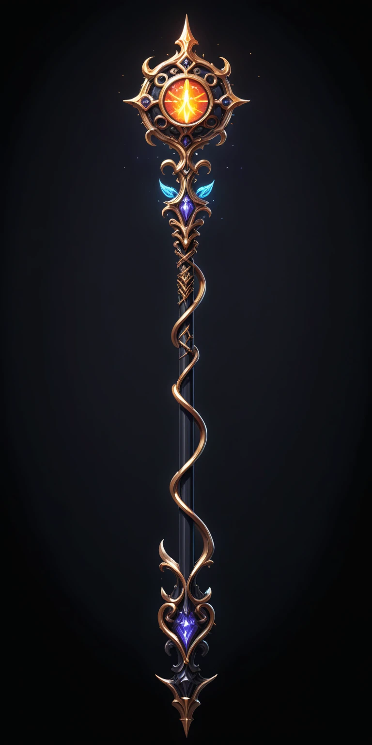 pixel art, cartoon illustration, Divine glavie greatstaff, Powerfull Magical theme, simple black background, RPG game icon 