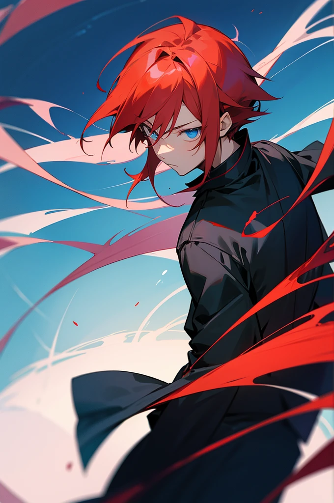 Anime male character with red hair and blue eyes and black clothing standing in front of a blue background, Retrato Gapmoe Yandere Grimdark, Rimuru, Gapmoe Yandere Grimdark, Hajime Yatatate, imagem do avatar, Tempestade Rimuru, Foto de perfil de Rimuru Tempest, anime moe artstyle, Fuso Rei, 2 d estilo anime