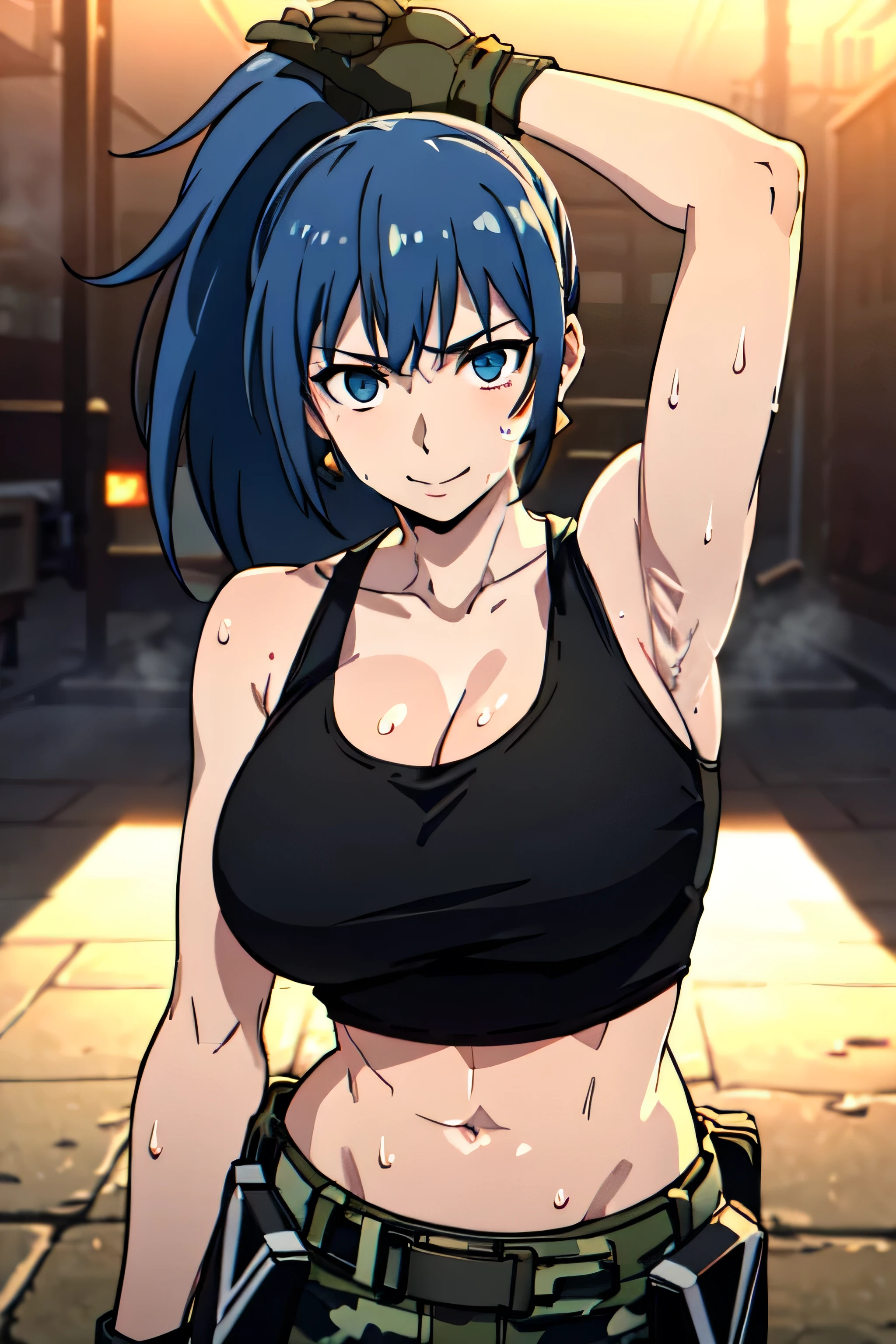 LEONA HEIDERN, BLUE EYES, BLUE HAIR, PONYTAIL, TANK TOP, CAMOUFLAGE PANTS, JEWELRY, CLEAVAGE, CAMOUFLAGE, BARE SHOULDERS, LARGE BREASTS, CROP TOP, POUCH, BANGS, BELT, EARRINGS, SLEEVELESS, MIDRIFF, LONG HAIR, TRIANGLE EARRINGS, BLACK GLOVES, 1girl, solo, upper body, facing viewer, (looking at viewer:1.5), in the center, smile
,armpits,armpit,sweat,sweaty,sweaty armpits,awesome armpits,tired,exhausted,sensual expression 